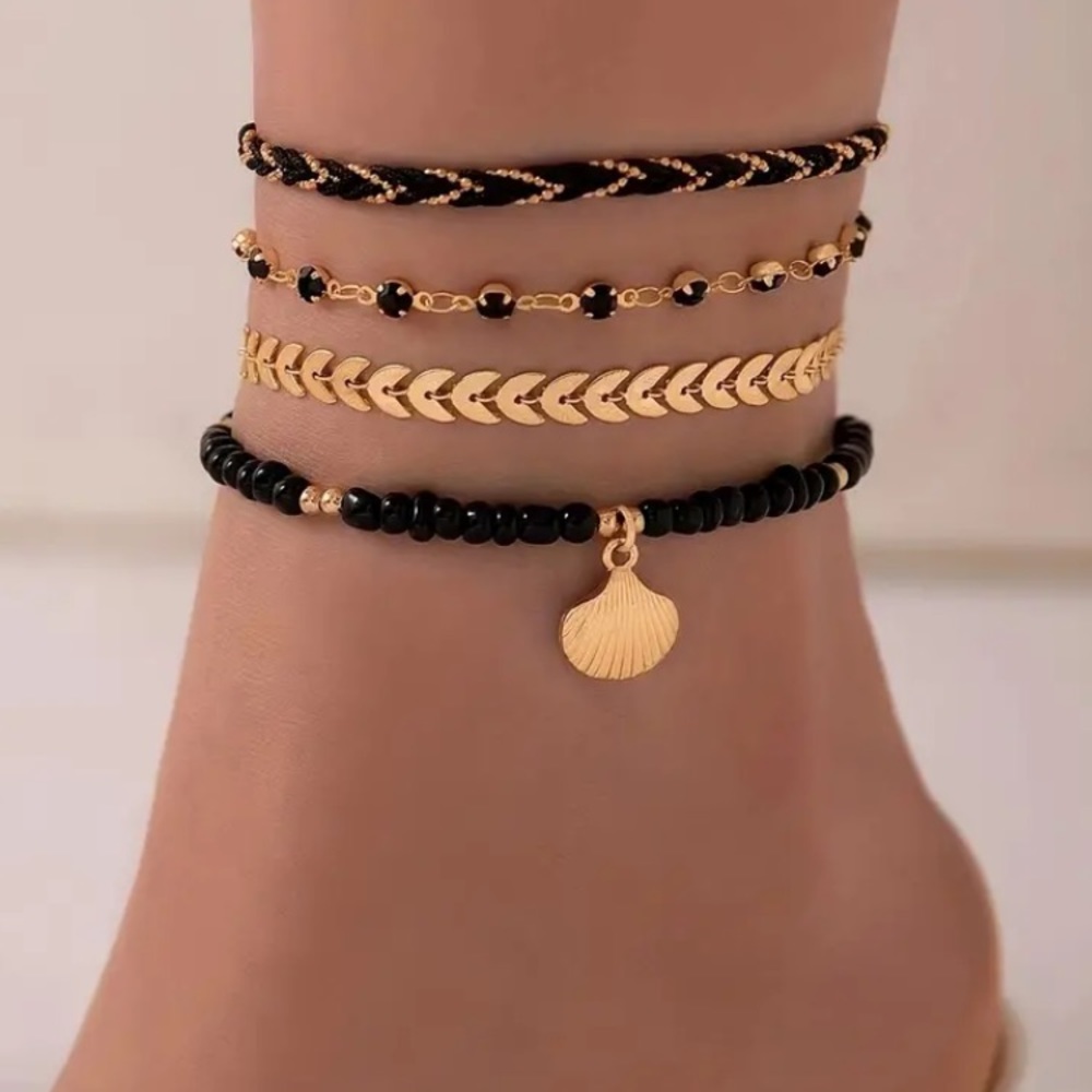 Seashell Black Beaded Multi Layer Gold Toned Anklet Set